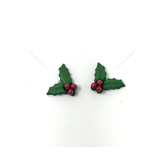 Festive Holiday Earring Set - 3 Pairs: Reindeer, Holly,  & Wreath Hoops - Picture 3 of 6